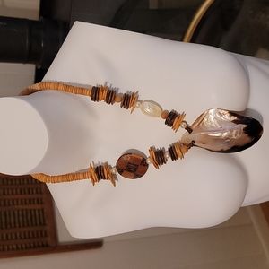 Eclectic Wood Bead, Shell & Pearl Necklace. UNIQUE! Lots of shapes/patterns